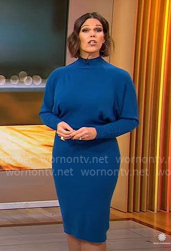 Dana Jacobson’s teal blue knit dress on CBS Mornings