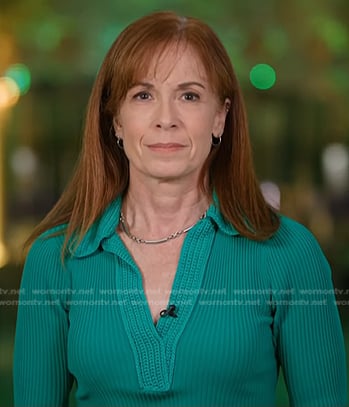 Diana Olick’s green knit collar ribbed dress on NBC News Daily