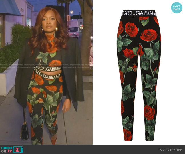 Dolce & Gabbana Rose-Print Charmeuse Leggings worn by Garcelle Beauvais on The Real Housewives of Beverly Hills