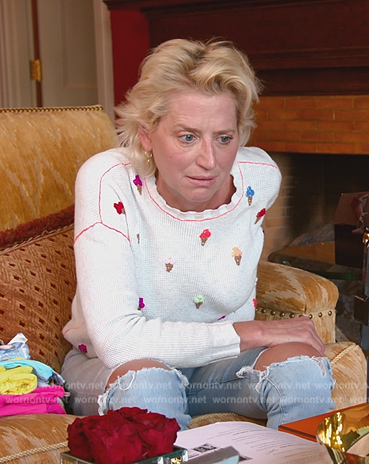 Dorinda’s white embroidered sweater on The Real Housewives Ultimate Girls Trip