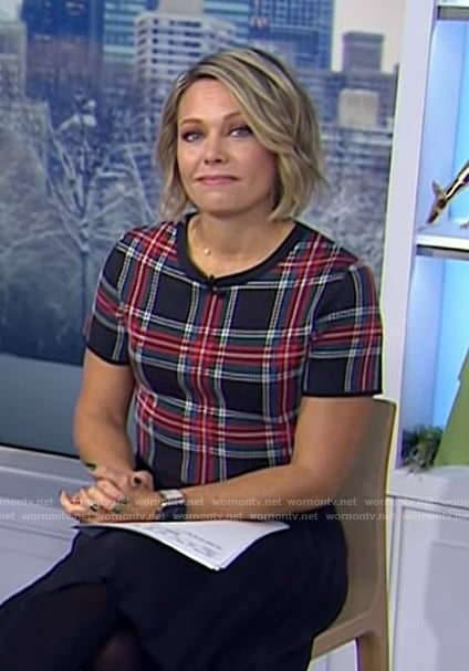 Dylan’s black plaid top and skirt on Today