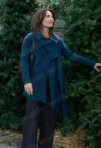Elizabeth’s teal asymmetric draped coat on General Hospital