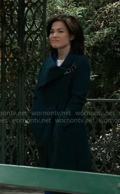 Elizabeth’s teal asymmetric draped coat on General Hospital