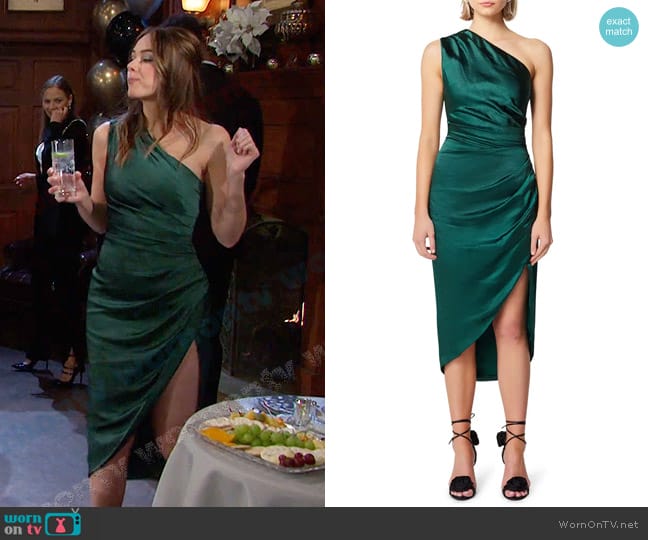 Elliatt Cassini One-Shoulder Dress in Forest worn by Stephanie Johnson (Abigail Klein) on Days of our Lives