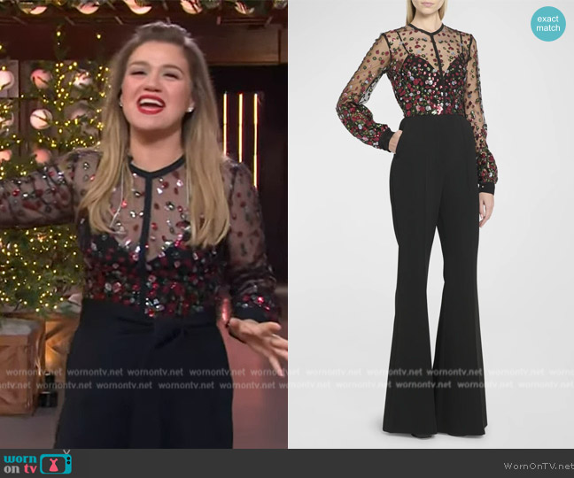 Elie Saab Sequin Embroidered Long-Sleeve Flare-Leg Jumpsuit worn by Kelly Clarkson on The Kelly Clarkson Show