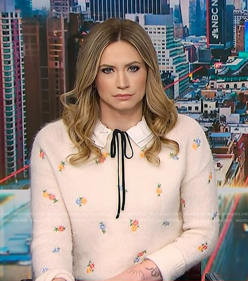 Ellison’s white floral sweater and navy pants on NBC News Daily