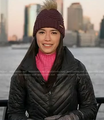 Emilie’s black down coat and purple beanie on Today