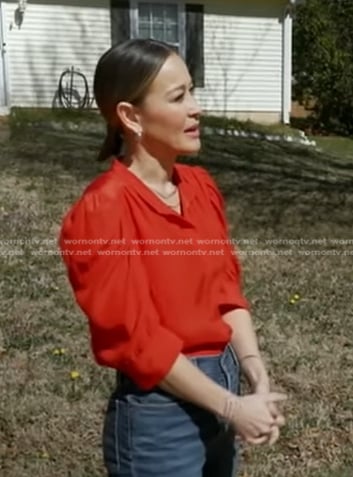 Eva’s orange ruched sleeve blouse on Good Morning America
