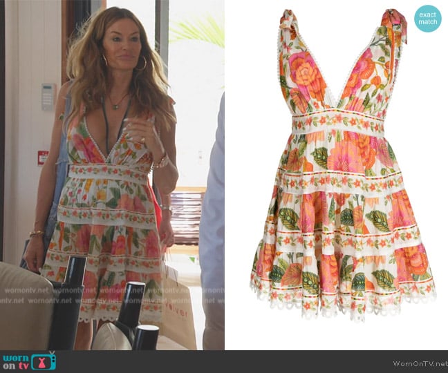 FARM Rio Macaw Bloom sleeveless tiered minidress worn by Kelly Killoren Bensimon on The Real Housewives Ultimate Girls Trip