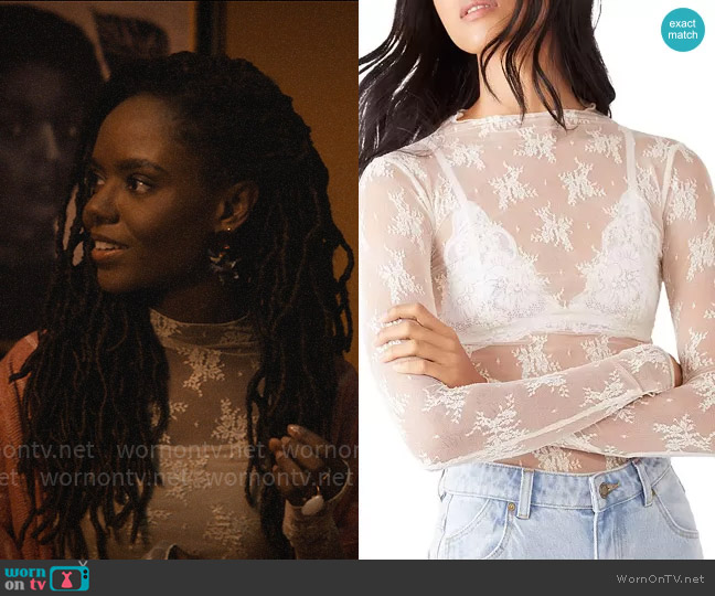 Free People Lady Lux Floral Mesh Layering Top in Evening Creme worn by Hazel-May McCall (Ashleigh Murray) on The Other Black Girl