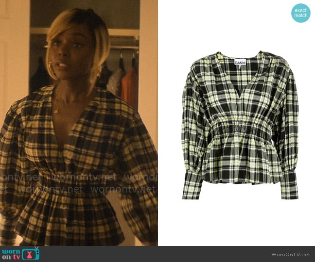 Ganni Checked peplum blouse worn by Hazel-May McCall (Ashleigh Murray) on The Other Black Girl