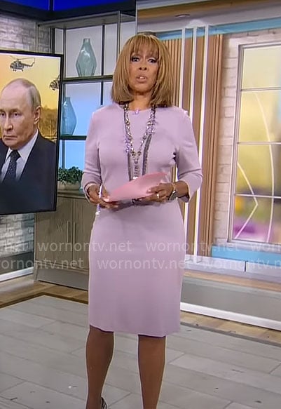 Gayle King’s light purple statement sleeve sheath dress on CBS Mornings
