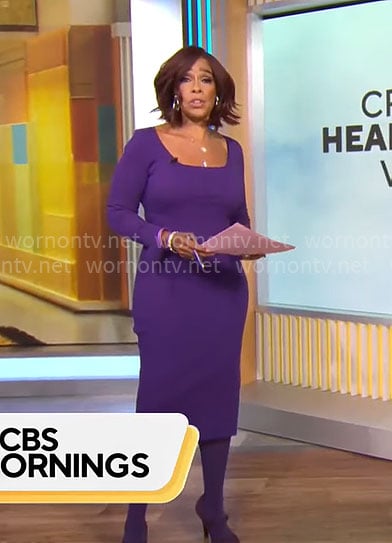 Gayle King’s purple rib knit square neck dress on CBS Mornings