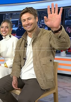 Glen Powell’s beige suede jacket on Today