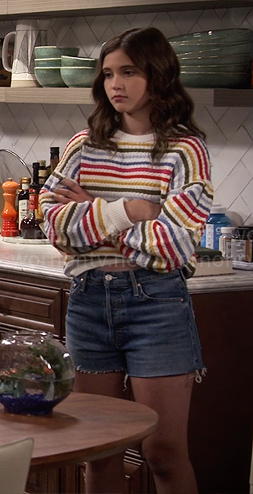 Grace’s rainbow striped sweater and denim shorts on Extended Family
