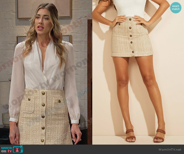 Guess Frances Tweed Skirt in Shitake bucolic tweed worn by Sloan Peterson (Jessica Serfaty) on Days of our Lives