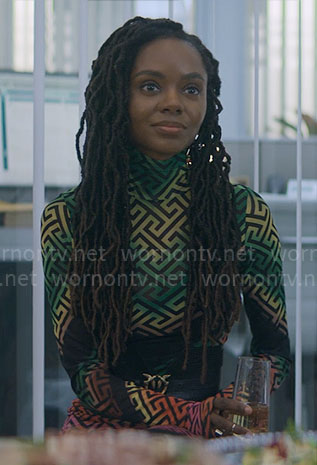 Hazel’s rainbow geometric print mesh dress on The Other Black Girl