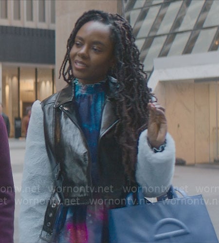 Hazel’s galaxy print top and leather jacket with fur sleeves on The Other Black Girl