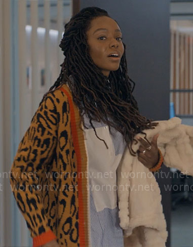 Hazel’s leopard print cardigan on The Other Black Girl