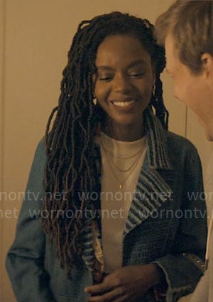 Hazel’s long denim coat on The Other Black Girl