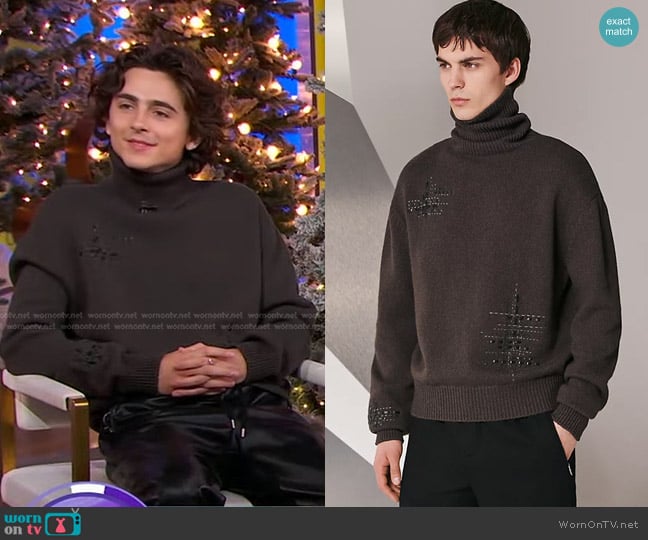 Hermes Turtleneck Sweater with Hand Braided Leather worn by Timothée Chalamet on Good Morning America