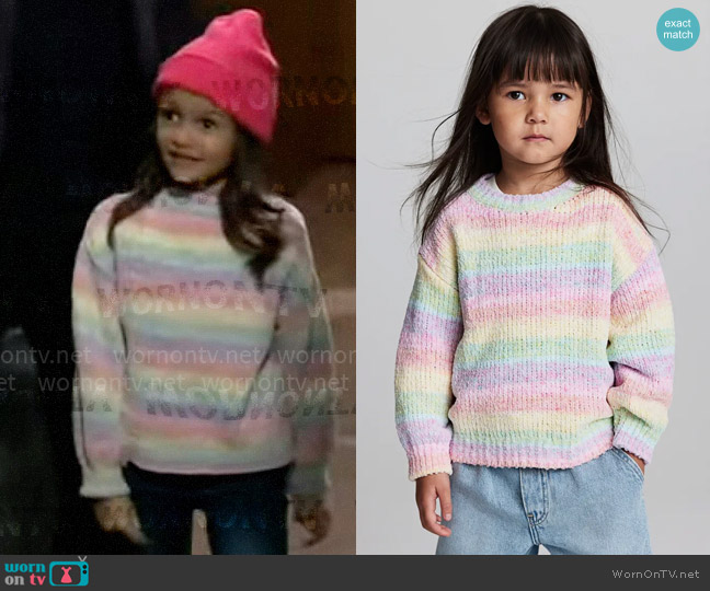 H&M Knit Chenille Sweater in Pink Rainbow Striped worn by Donna Corinthos (Scarlett Spears) on General Hospital