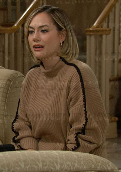 Hope’s camel sweater with black stitching on The Bold and the Beautiful
