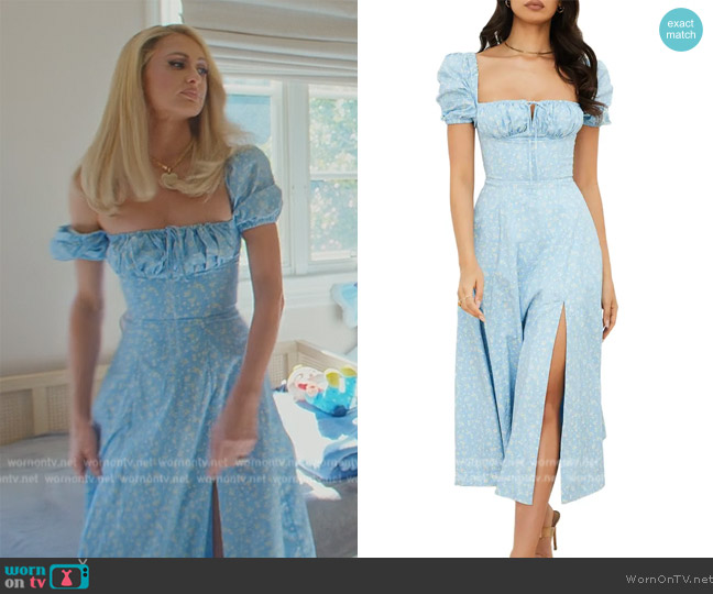 House of CB Tallulah Puff Sleeve Midi Dress worn by Paris Hilton on Paris in Love