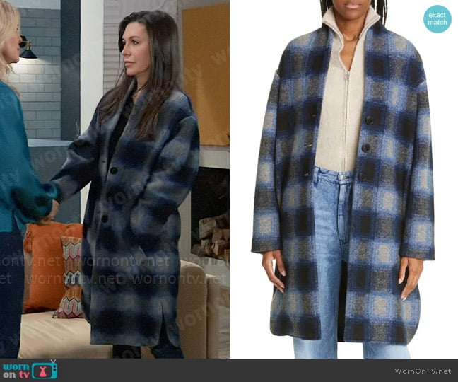 Isabel Marant Etoile Gabriel Navy Plaid Coat worn by Anna Devane (Finola Hughes) on General Hospital