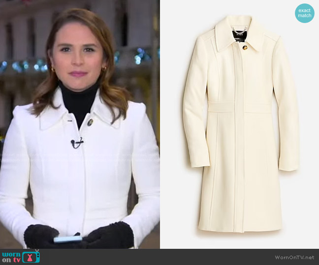 J. Crew New Lady Day Topcoat in Italian Double-Cloth Wool Blend in Vintage White worn by Elizabeth Schulze on Good Morning America