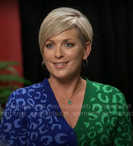 Jamie Yuccas’ blue and green leopard print cardigan dress on CBS Mornings