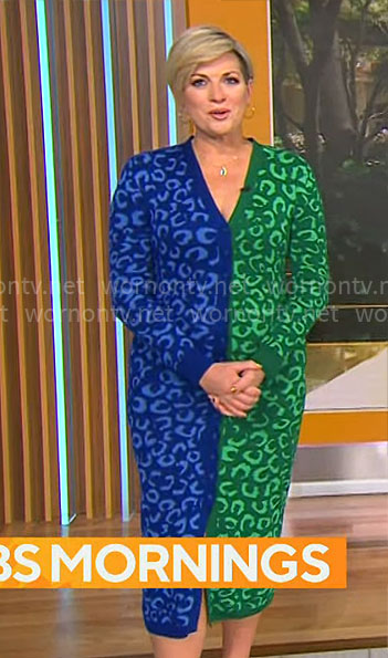 Jamie Yuccas’ blue and green leopard print cardigan dress on CBS Mornings