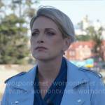 Jamie Yuccas’ blue leather moto jacket on CBS Mornings