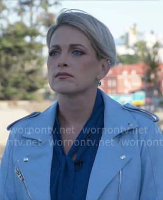 Jamie Yuccas’ blue leather moto jacket on CBS Mornings