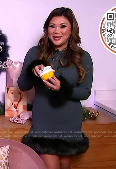 Jenn Chan’s green shearling trim dress on Access Hollywood