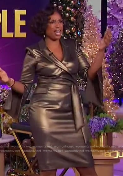 Jennifer’s gold metallic wrap dress on The Jennifer Hudson Show