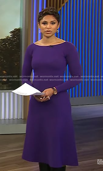 Jericka’s purple long sleeve dress on CBS Evening News