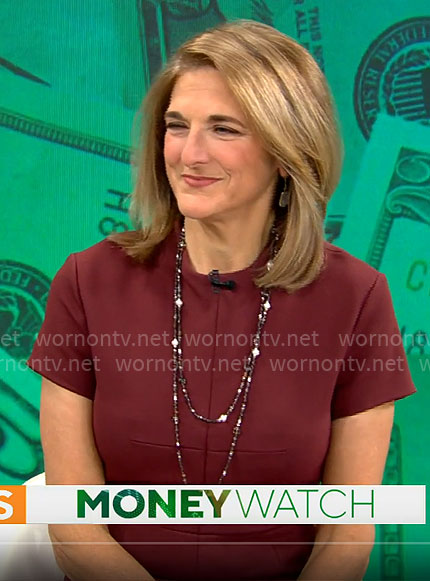 Jill Schlesinger’s burgundy short sleeve dress on CBS Mornings