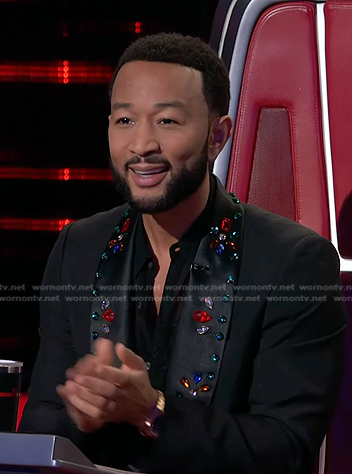 John Legend’s black jewel embellished suit on The Voice