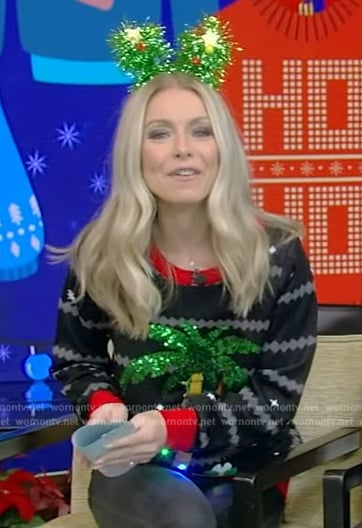 Kelly’s black palm tree ugly Christmas sweater on Live with Kelly and Mark