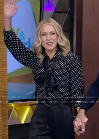 Kelly’s black polka dot print blouse on Live with Kelly and Mark