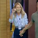 Kelly’s blue tie neck blouse and skirt on Live with Kelly and Mark