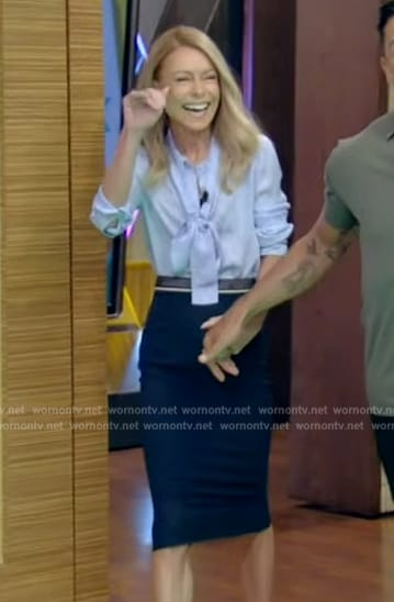 Kelly’s blue tie neck blouse and skirt on Live with Kelly and Mark