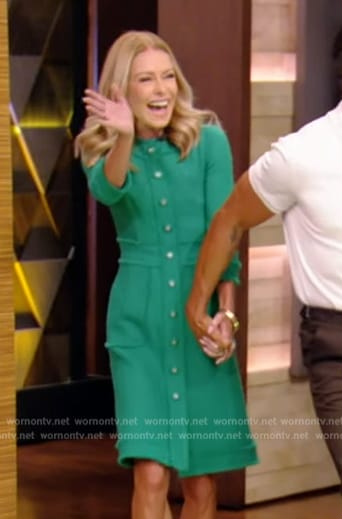 Kelly’s green tweed button down dress on Live with Kelly and Mark