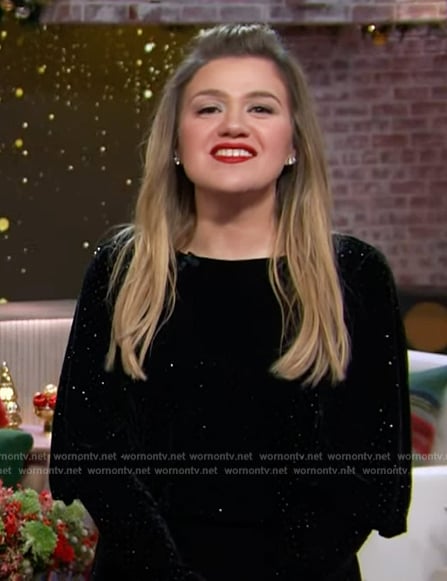 Kelly’s black rhinestone embellished mini dress on The Kelly Clarkson Show