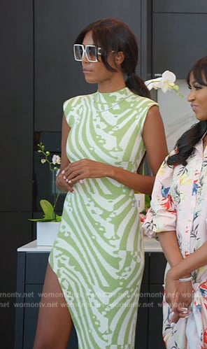 Kiki’s green printed asymmetric dress on The Real Housewives of Miami