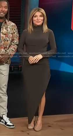 Kit’s brown ruched asymmetric dress on Access Hollywood