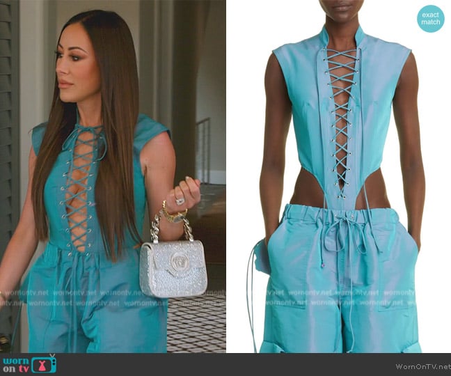 LaQuan Smith Iridescent Utility Lace-Up Bodysuit worn by Angie Katsanevas on The Real Housewives of Salt Lake City