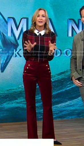 Lara’s red plaid collared sweater and velvet pants on Good Morning America