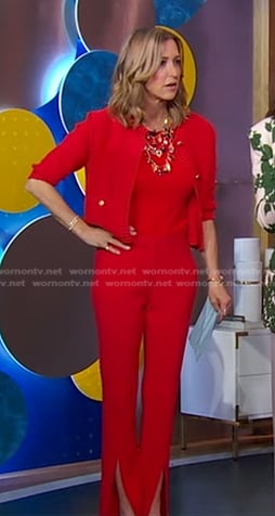Lara’s red slit pants on Good Morning America